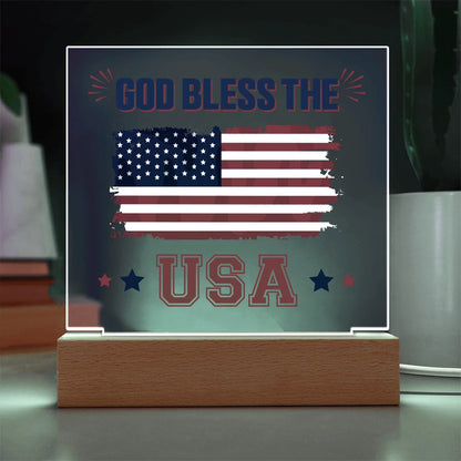 God Bless The USA LED Corded Base Acrylic Square Plaque Gift Display Gray Light