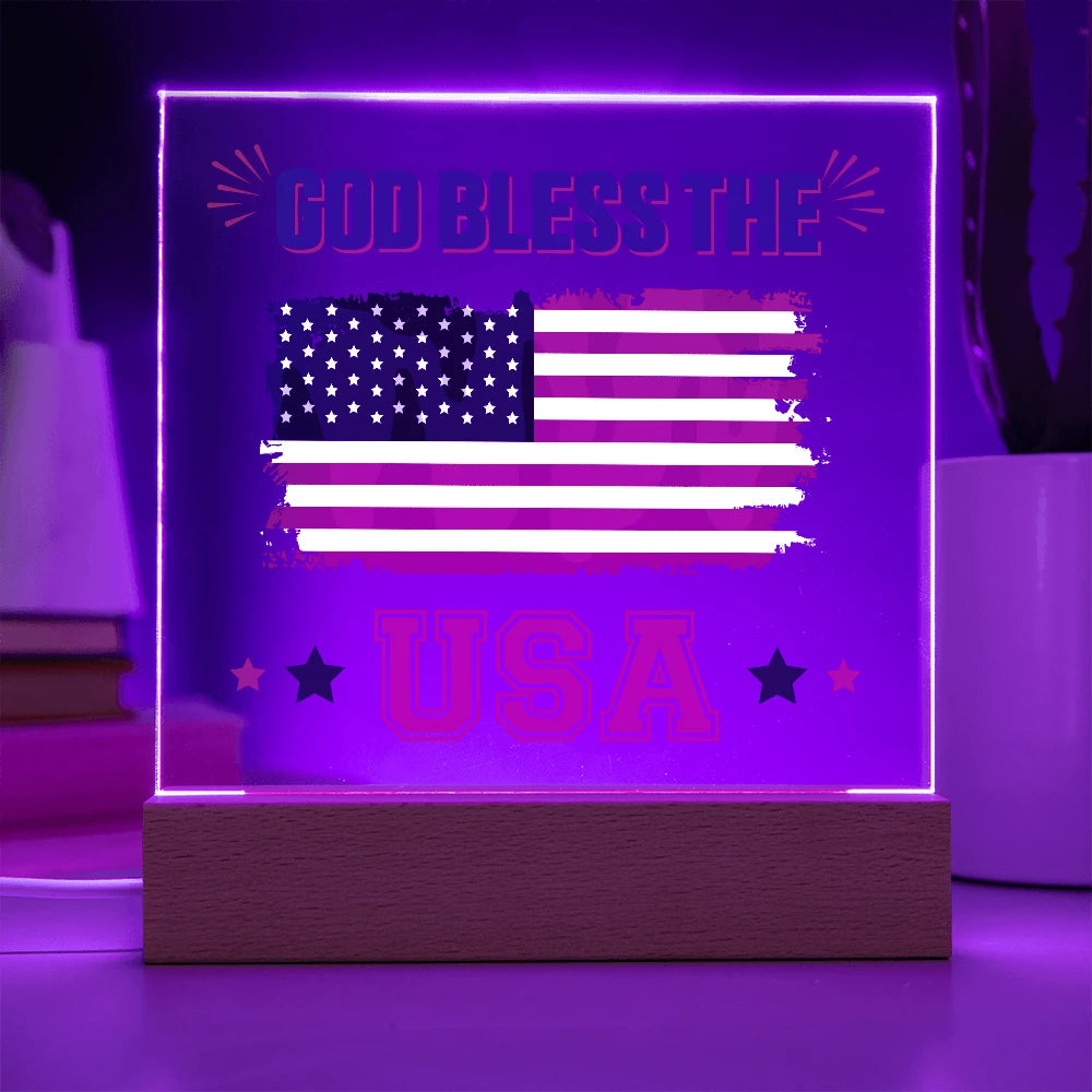 God Bless The USA LED Corded Base Acrylic Square Plaque Gift Display Purple Light