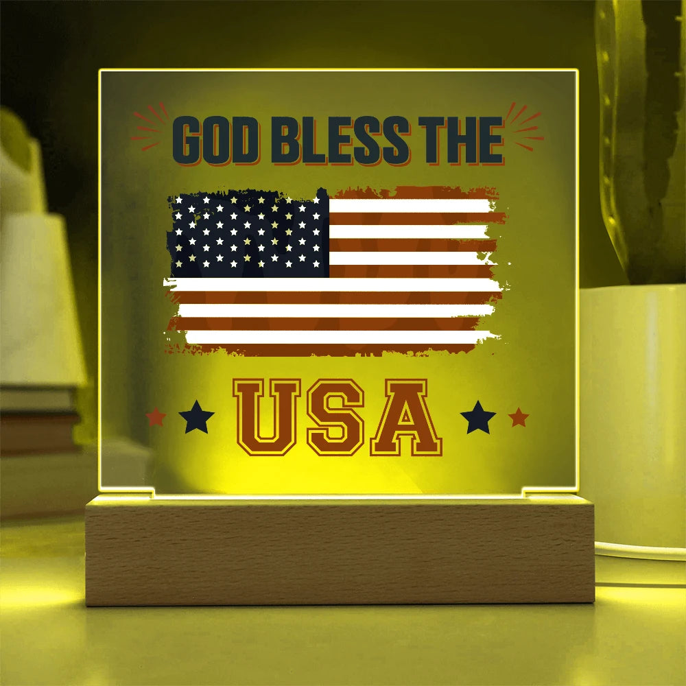 God Bless The USA LED Corded Base Acrylic Square Plaque Gift Display Yellow Light