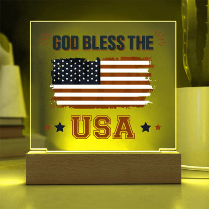 God Bless The USA LED Corded Base Acrylic Square Plaque Gift Display Yellow Light
