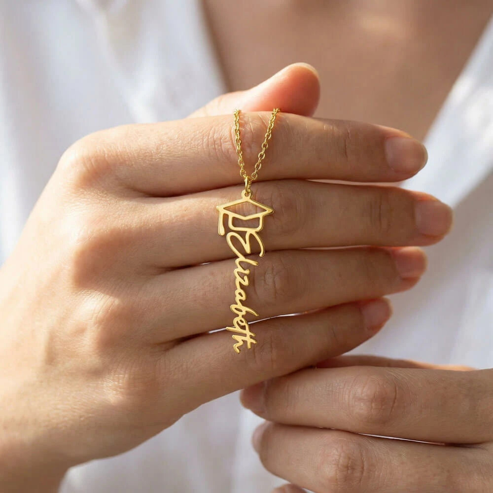 Graduation Cap Custom 18K Yellow Gold Name Necklace For Graduates 2026 - We Are So Proud Display In Hand