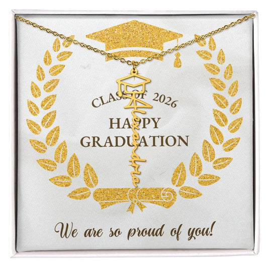 Graduation Cap Custom 18K Yellow Gold Name Necklace For Graduates 2026 - We Are So Proud Message Card Jewelry