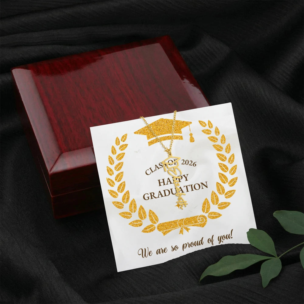 Graduation Cap Custom 18K Yellow Gold Name Necklace For Graduates 2026 - We Are So Proud Message Card Jewelry Luxury Box