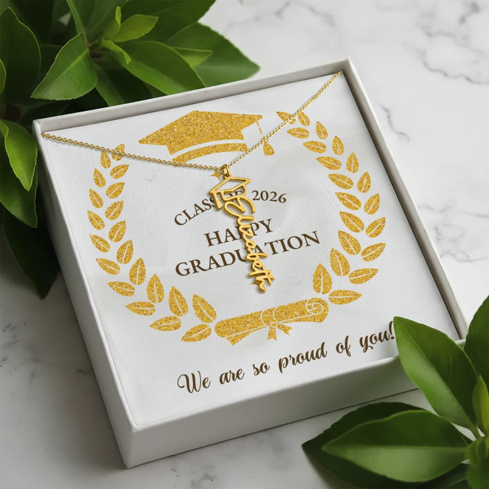 Graduation Cap Custom 18K Yellow Gold Name Necklace For Graduates 2026 - We Are So Proud Message Card Jewelry Standard Box