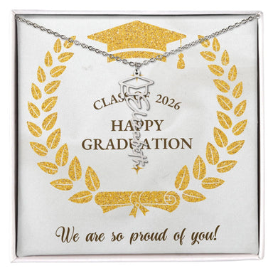 Graduation Cap Custom Polished Stainless Steel Name Necklace For Graduates 2026 - We Are So Proud Message Card Jewelry