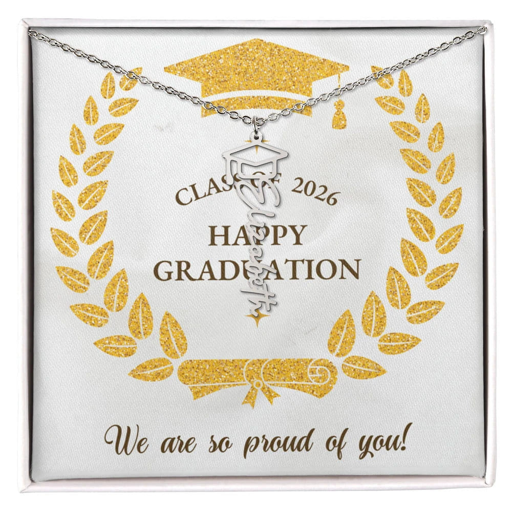 Graduation Cap Custom Polished Stainless Steel Name Necklace For Graduates 2026 - We Are So Proud Message Card Jewelry