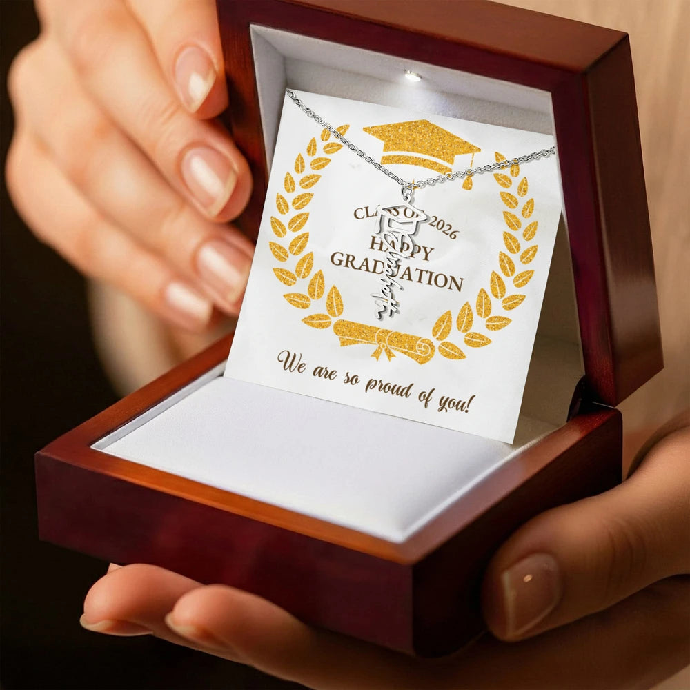 Graduation Cap Custom Polished Stainless Steel Name Necklace For Graduates 2026 - We Are So Proud Message Card Jewelry Luxury Box