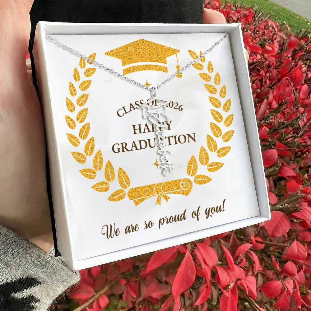 Graduation Cap Custom Polished Stainless Steel Name Necklace For Graduates 2026 - We Are So Proud Message Card Jewelry Standard Box
