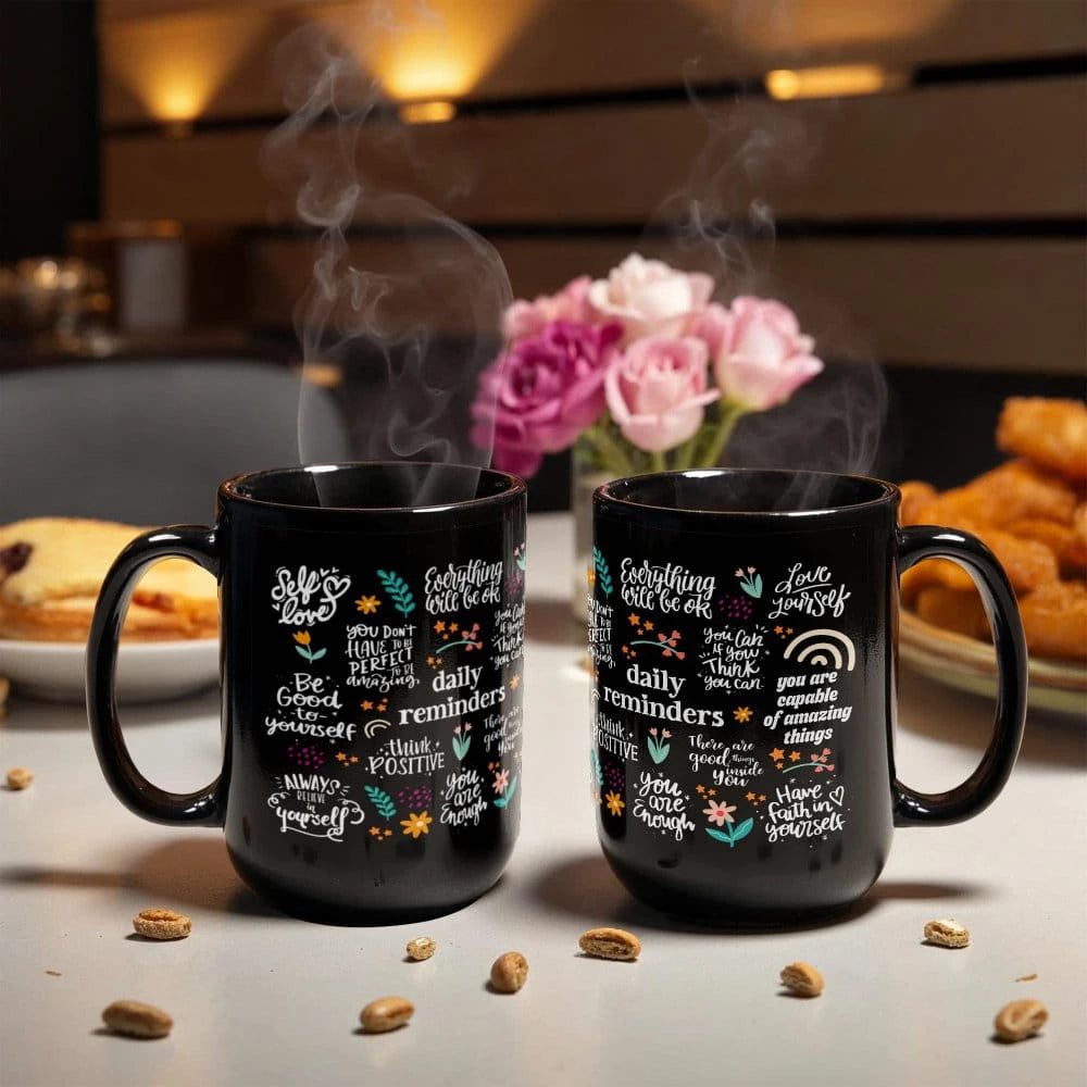 Inspirational Coffee Mug with Positive Words Black Ceramic Mug 15oz Display Double