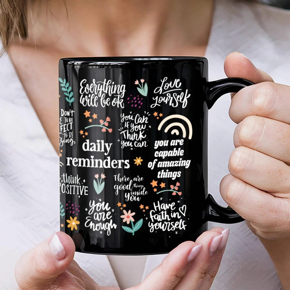 Inspirational Coffee Mug with Positive Words Black Ceramic Mug 15oz Display Hands