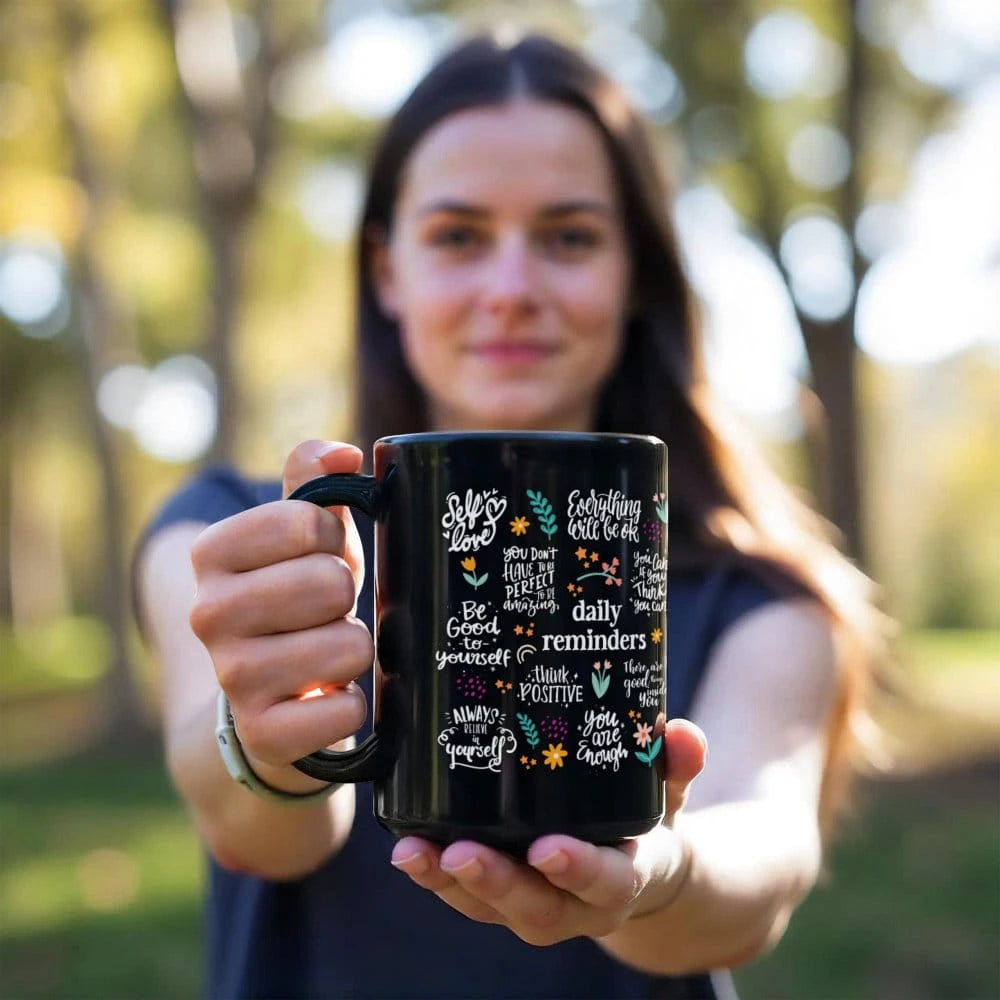 Inspirational Coffee Mug with Positive Words Black Ceramic Mug 15oz Display by Model