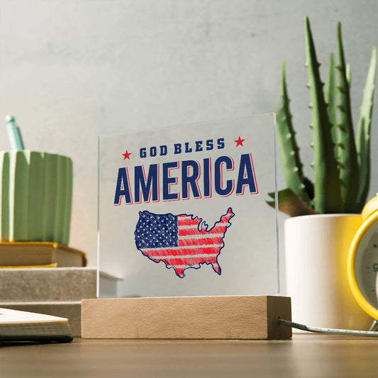 LED Corded Base Acrylic Square Plaque God Bless America