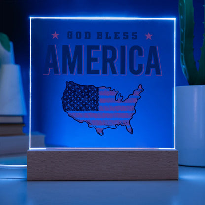 LED Corded Base Acrylic Square Plaque God Bless America Display Blue Light