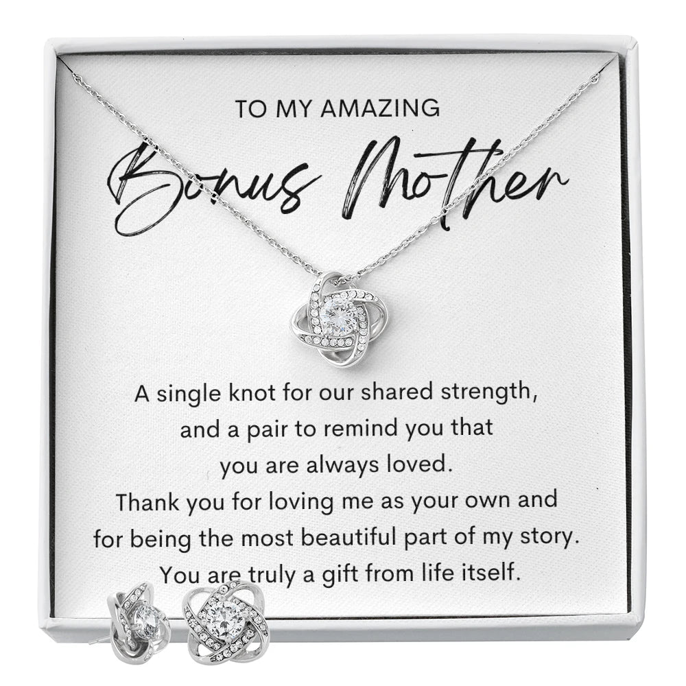 Love Knot Necklace Earring Set For Bonus Mom - A Gift Message Card Jewelry