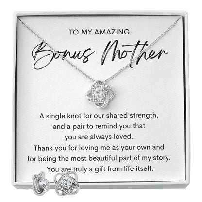 Love Knot Necklace Earring Set For Bonus Mom - A Gift Message Card Jewelry