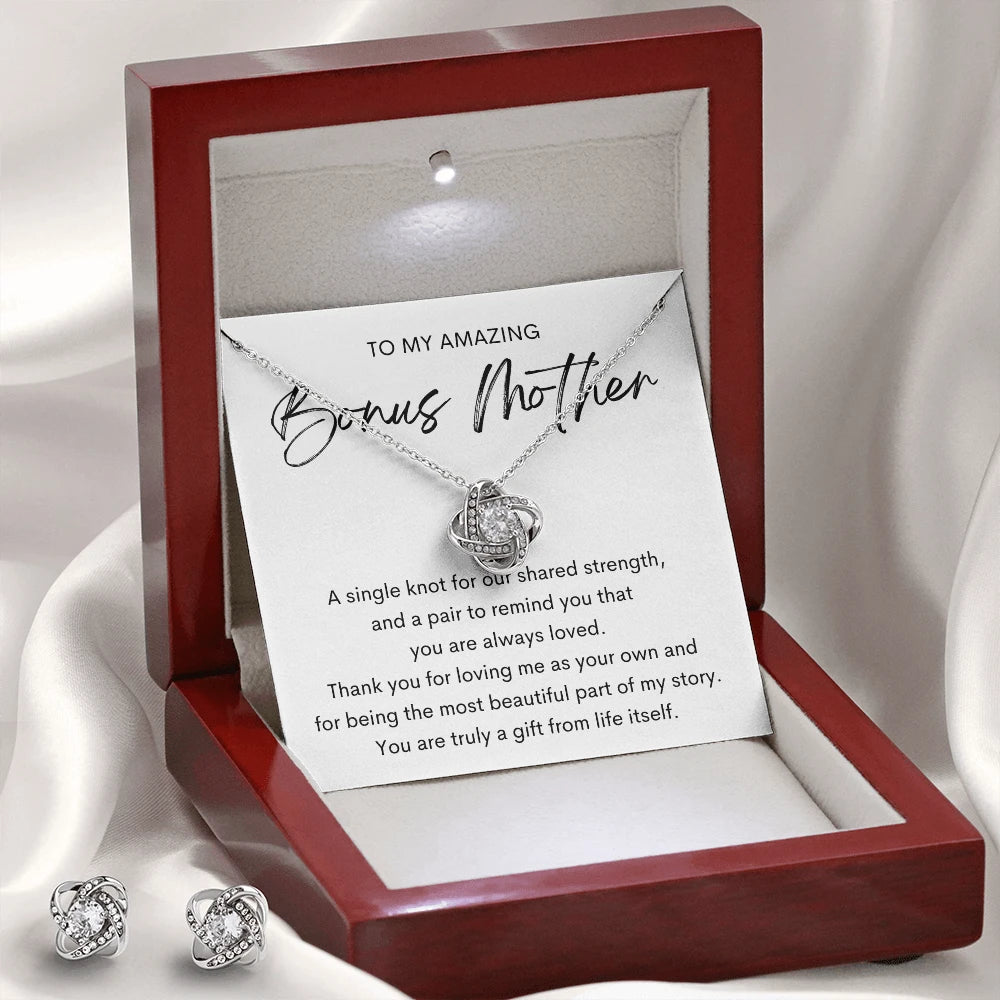 Love Knot Necklace Earring Set With Luxury Box For Bonus Mom - A Gift Message Card Jewelry
