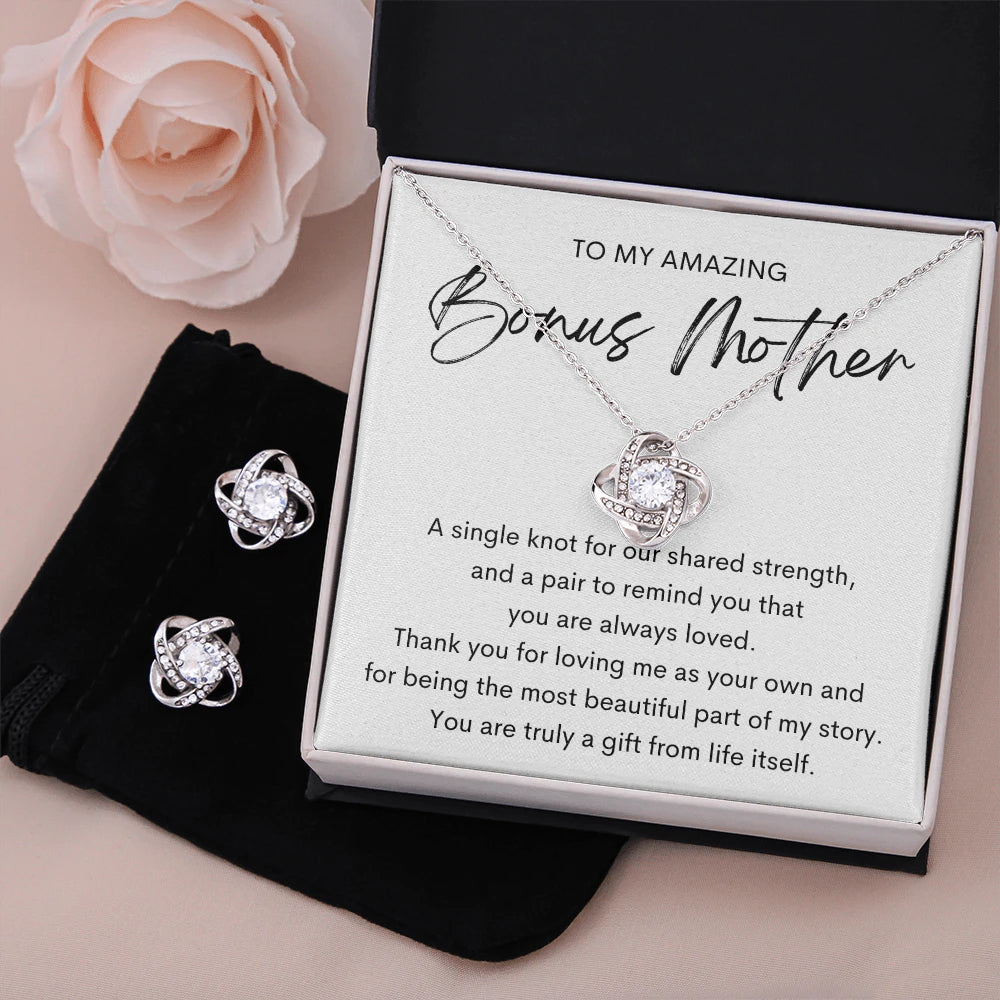 Love Knot Necklace Earring Set With Standard Box For Bonus Mom - A Gift Message Card Jewelry