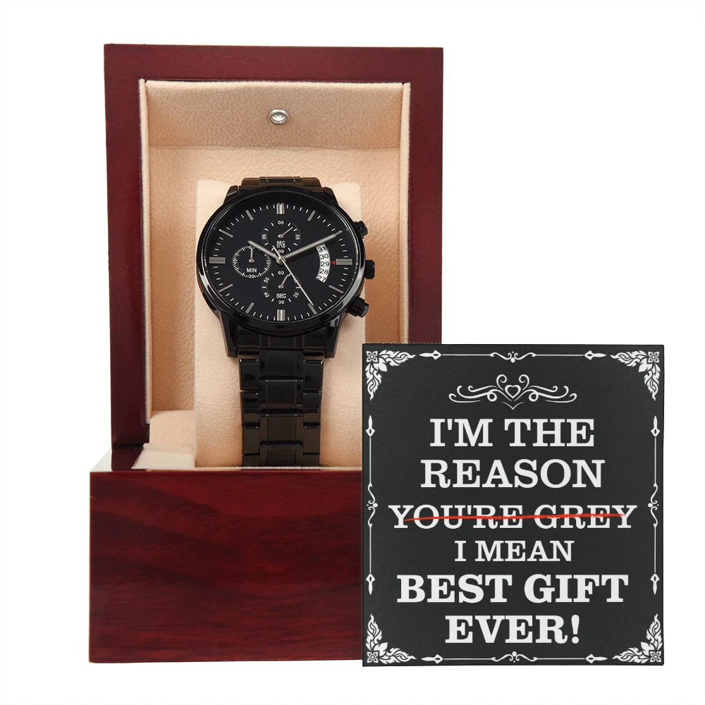 Men s Black Chronograph Watch For Dad With Mahogany Style Luxury Box