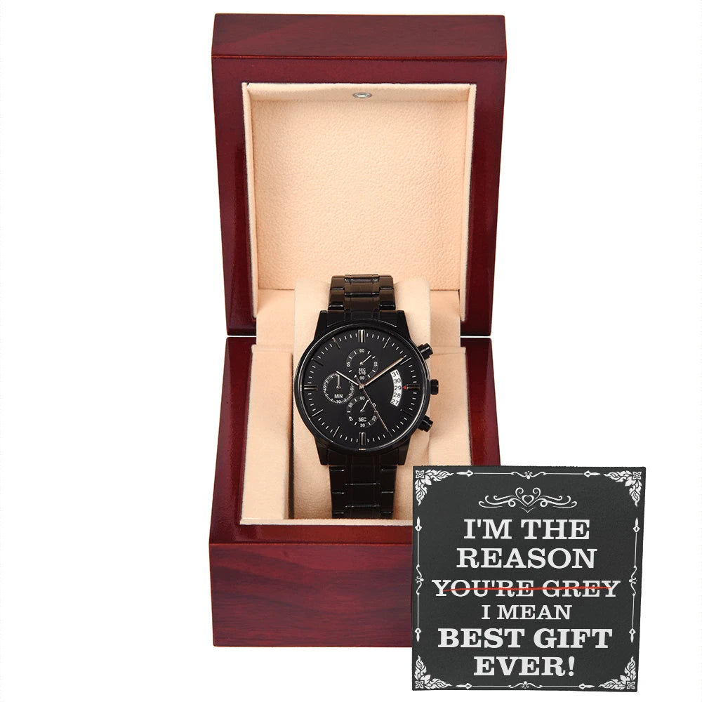 Men s Black Chronograph Watch For Dad With Mahogany Style Luxury Box And Message Card