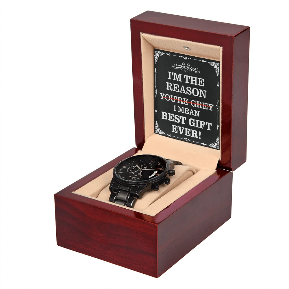 Men s Black Chronograph Watch For Dad With Mahogany Style Luxury Box Showcase