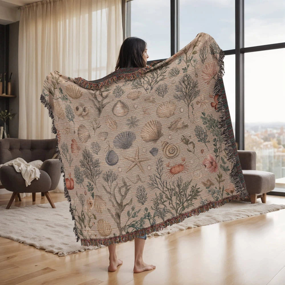 Ocean Floor Heirloom Artwork Woven Throw Blanket 60x50 Display On The Back