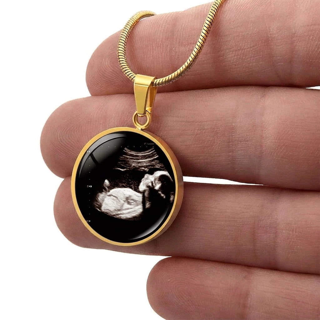 Personalized Baby Ultrasound Sonogram 18k Yellow Gold Circle Pendant Necklace