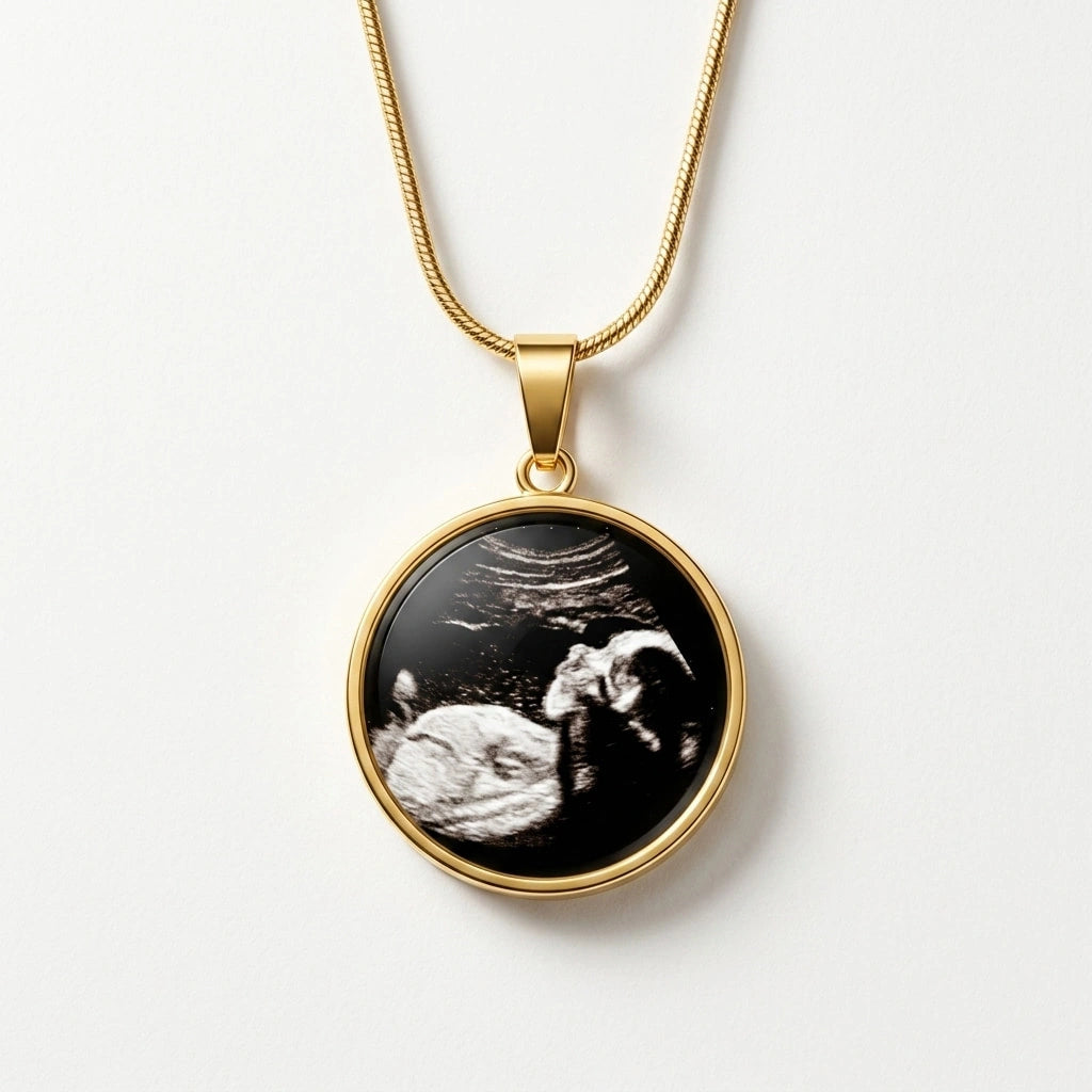 Personalized Baby Ultrasound Sonogram 18k Yellow Gold Circle Pendant Necklace