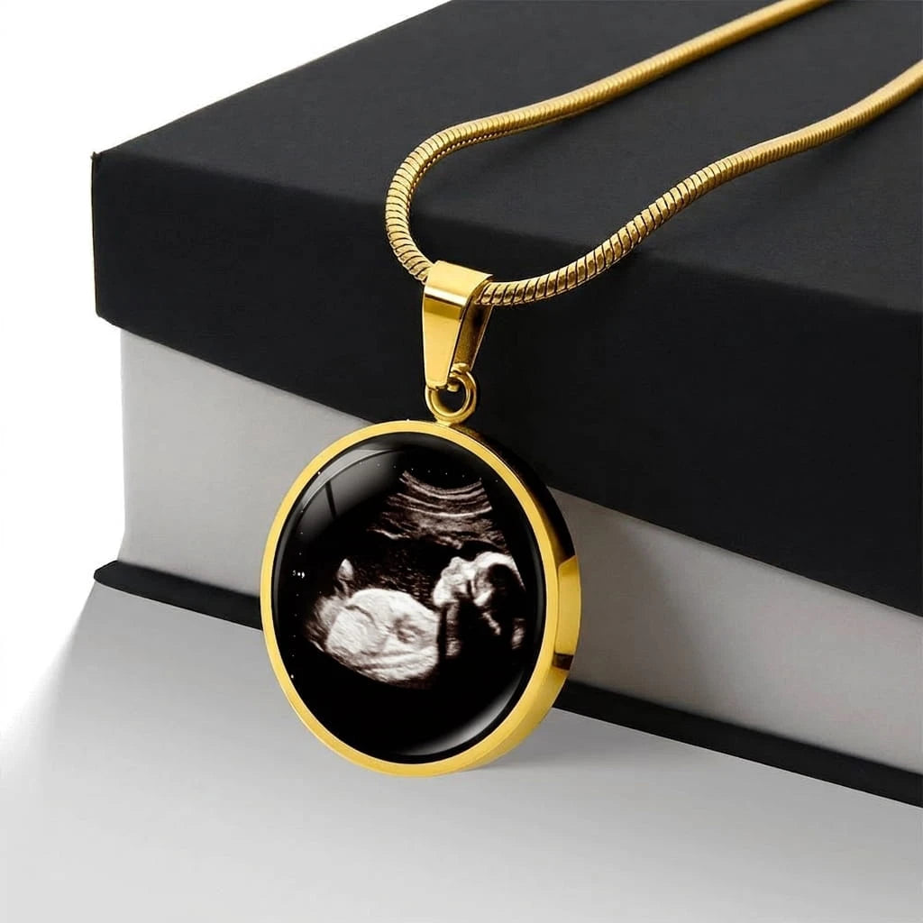 Personalized Baby Ultrasound Sonogram 18k Yellow Gold Circle Pendant Necklace Standard Box