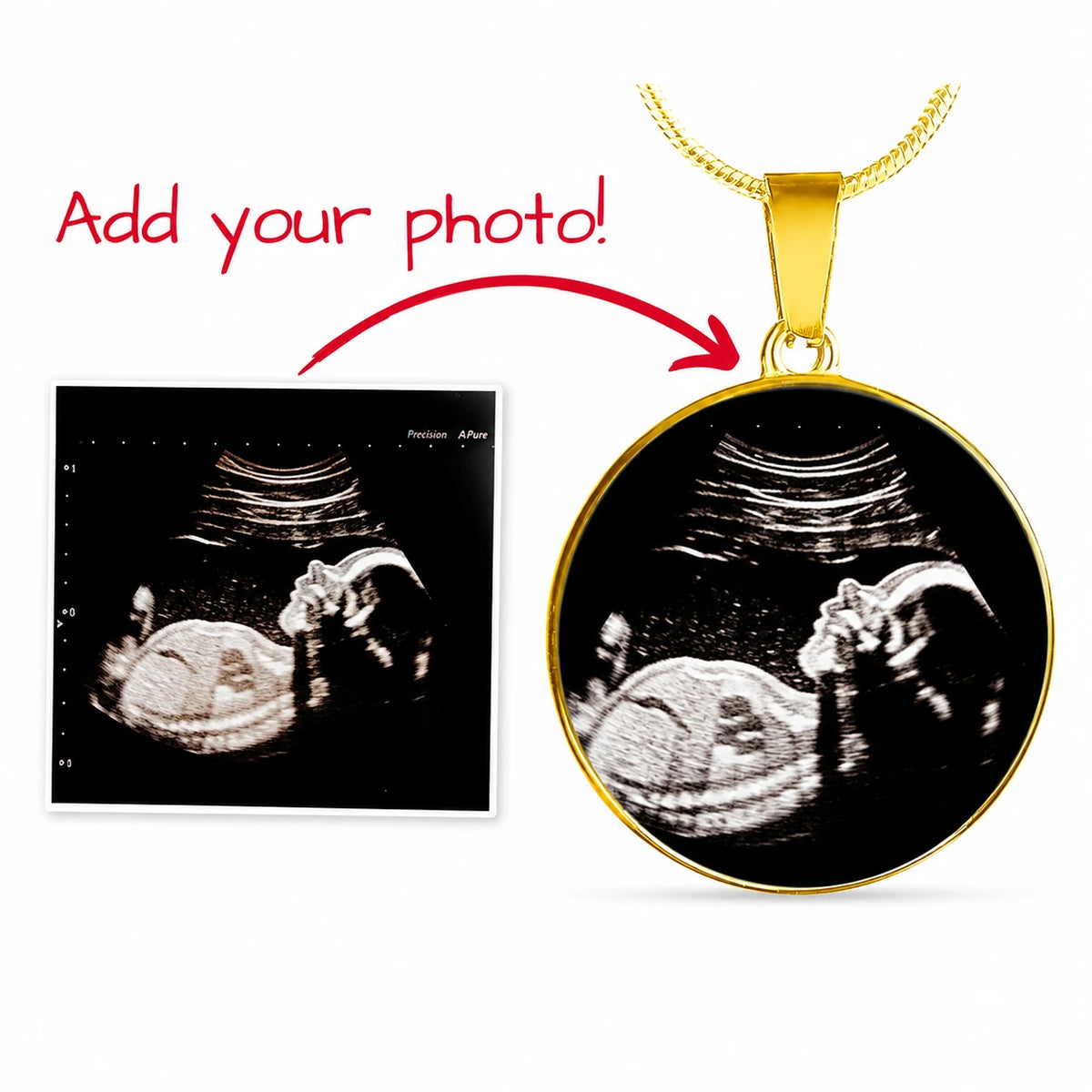 Personalized Photo Baby Ultrasound Sonogram 18k Yellow Gold Circle Pendant Necklace