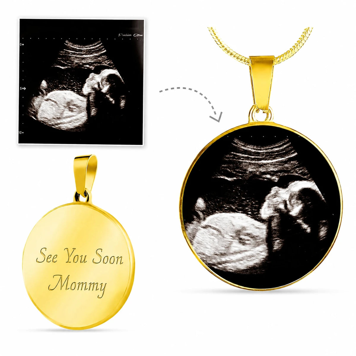 Personalized Photo Engraved Baby Ultrasound Sonogram 18k Yellow Gold Circle Pendant Necklace