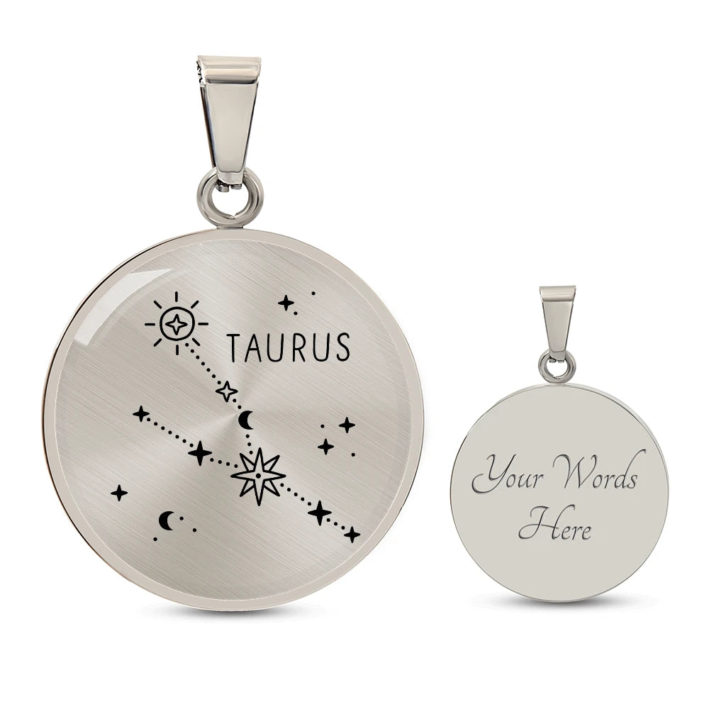 Polished Stainless Steel Custom Engraved Taurus Zodiac Star Sign Circle Necklace