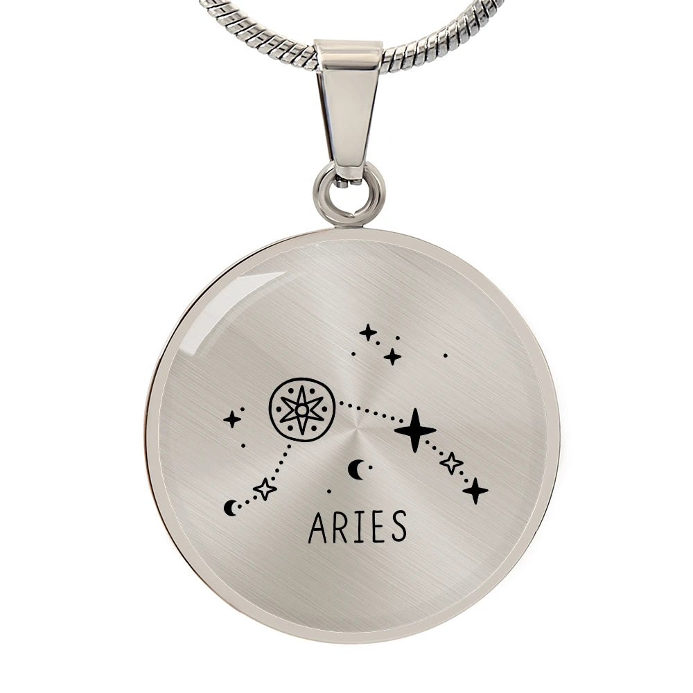 Polished Stainless Steel Engraved Aries Zodiac Star Sign Circle Necklace