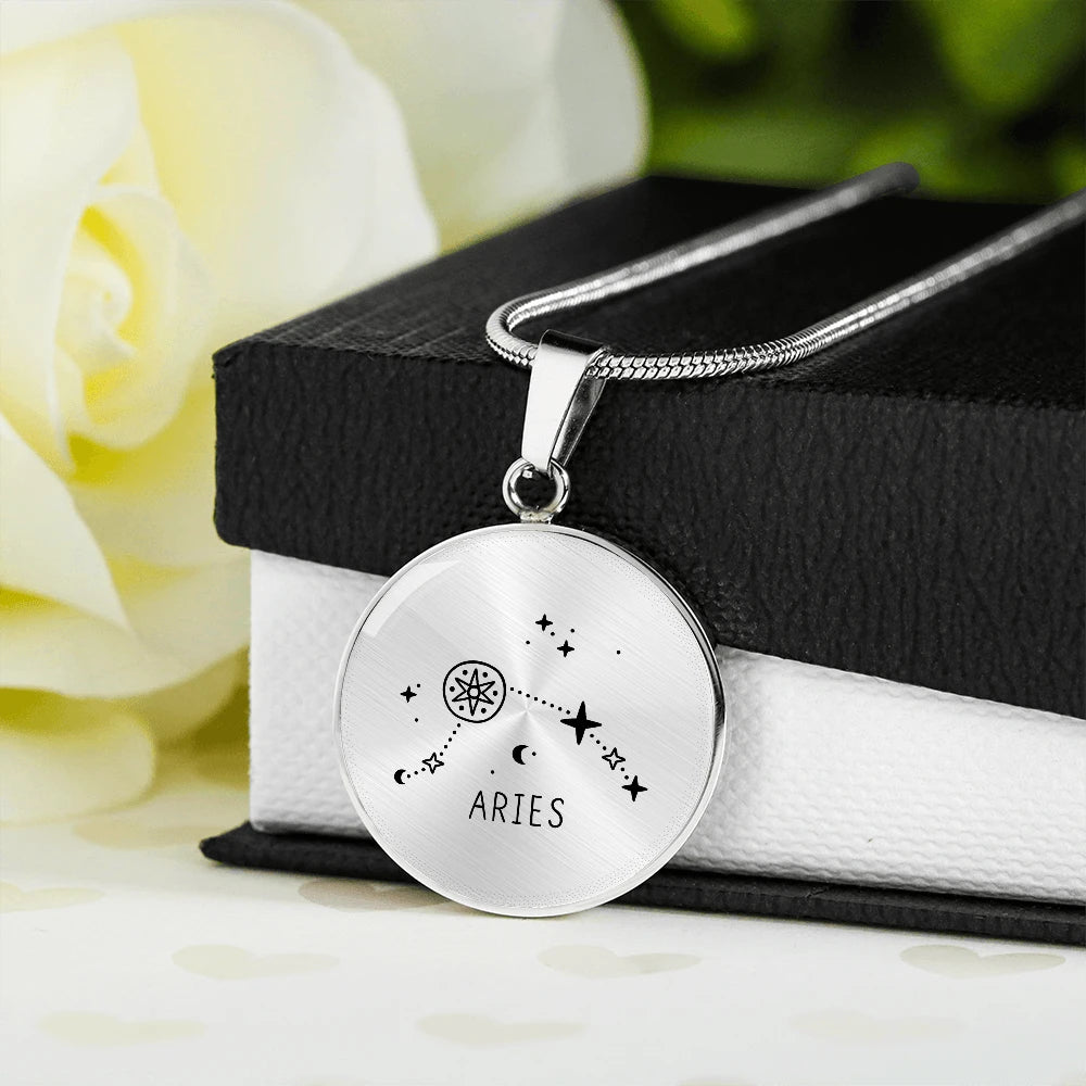 Polished Stainless Steel Engraved Aries Zodiac Star Sign Circle Necklace standard box