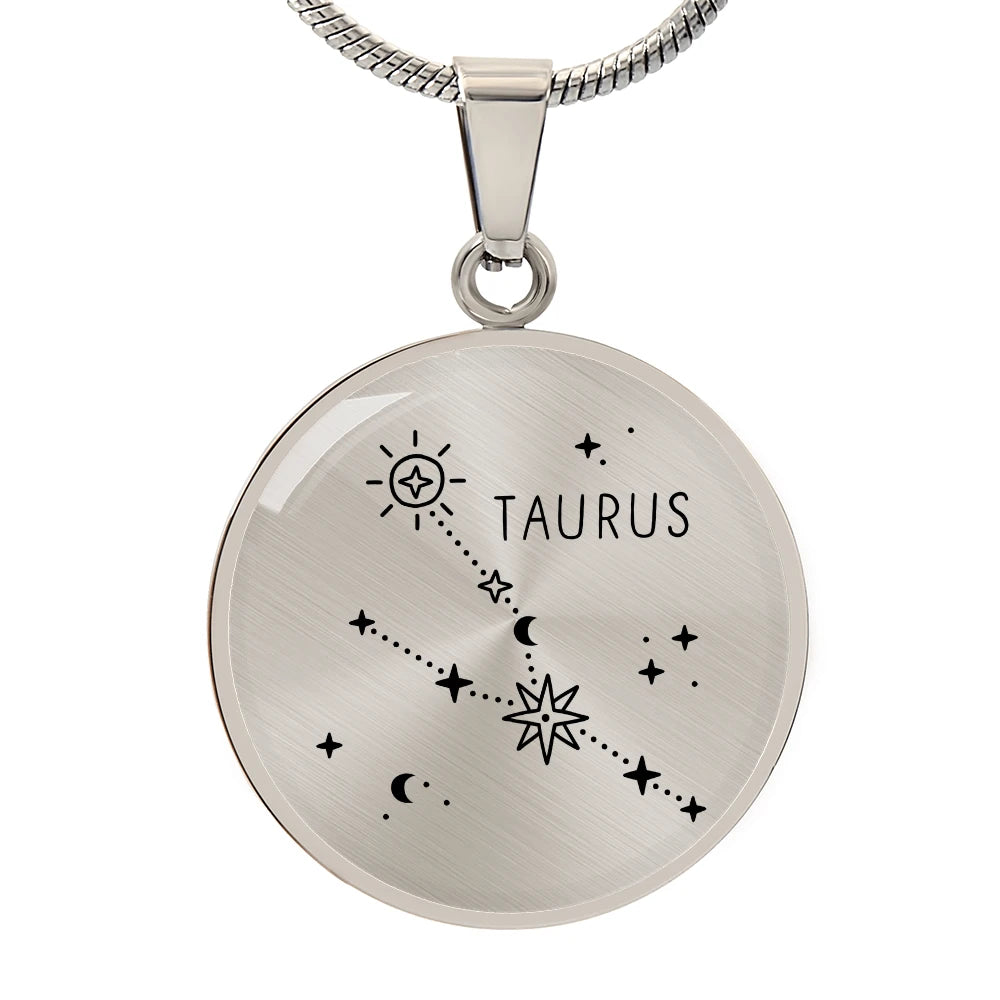 Polished Stainless Steel Engraved Taurus Zodiac Star Sign Circle Necklace