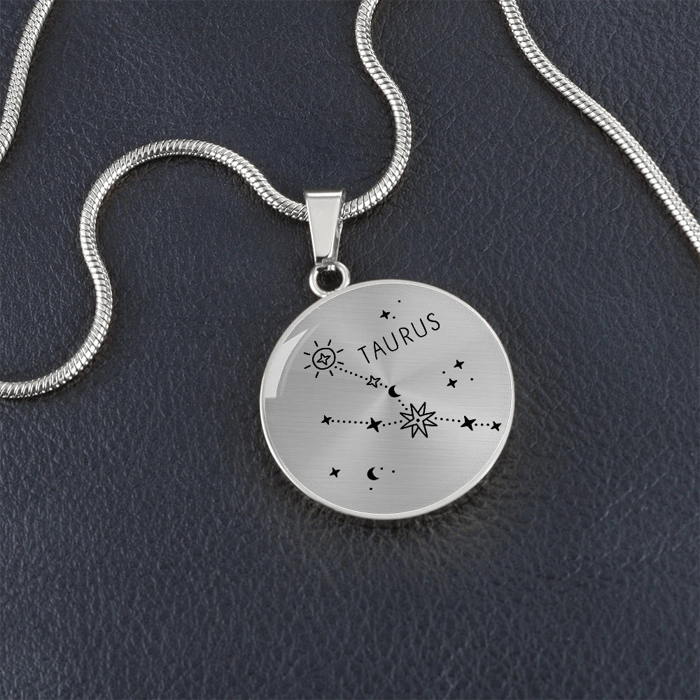 Polished Stainless Steel Engraved Taurus Zodiac Star Sign Circle Necklace Showcase
