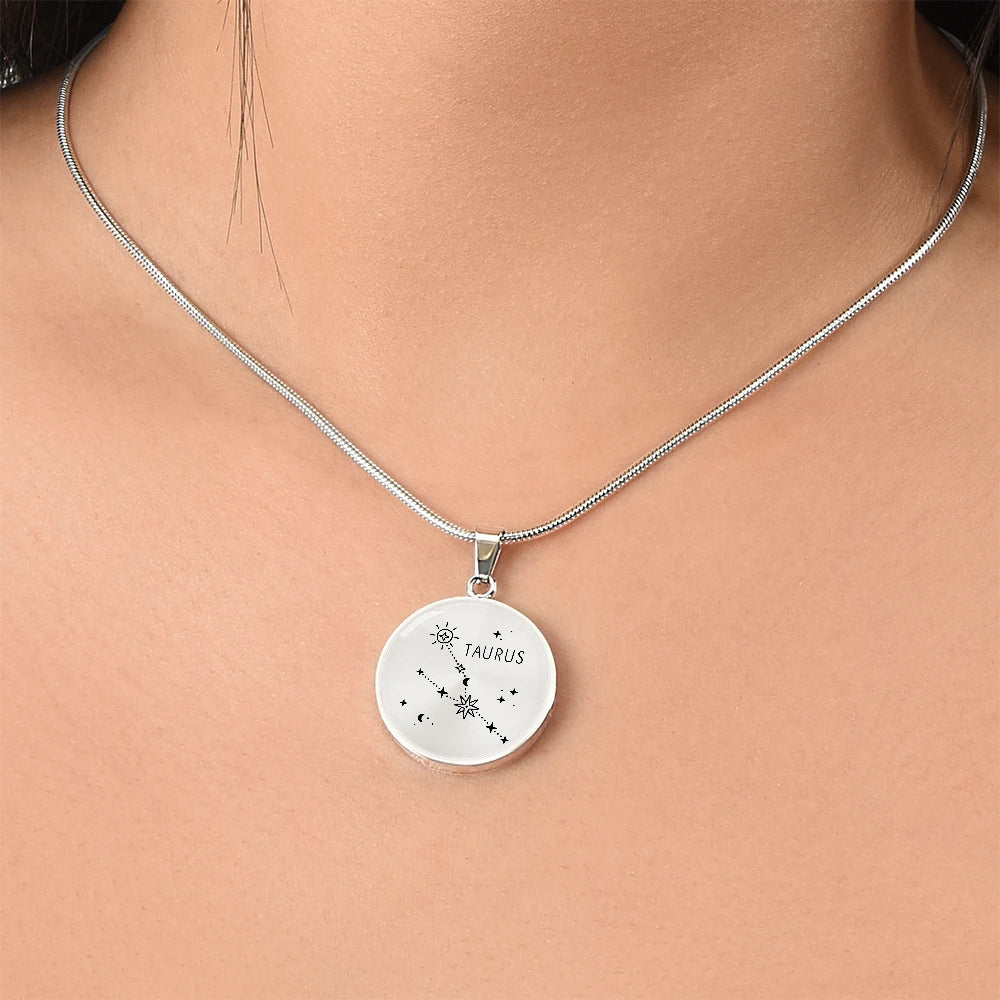 Polished Stainless Steel Engraved Taurus Zodiac Star Sign Circle Necklace Showcase On Neck