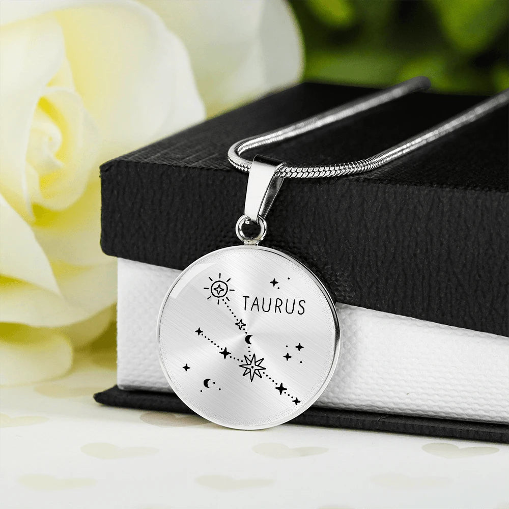 Polished Stainless Steel Engraved Taurus Zodiac Star Sign Circle Necklace Standard Box