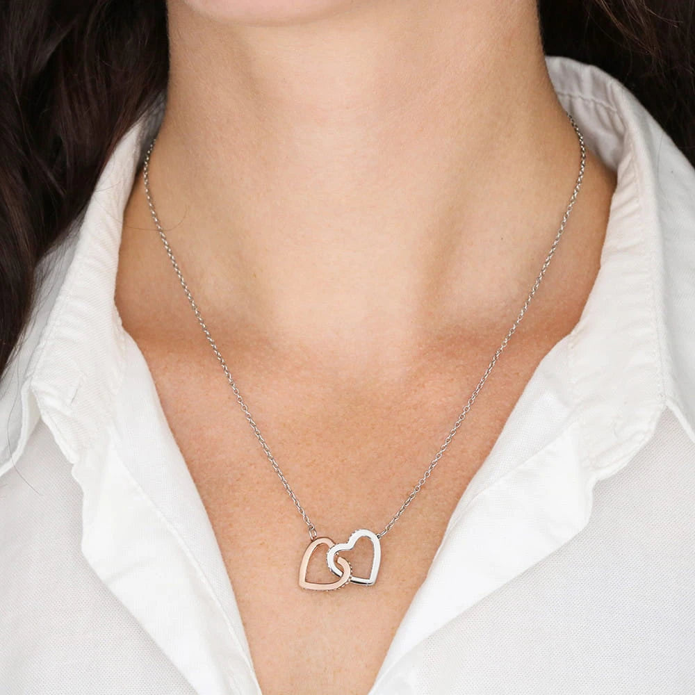Polished Stainless Steel and Rose Gold Finish Interlocking Hearts Necklace Gift for Her Display on Neck