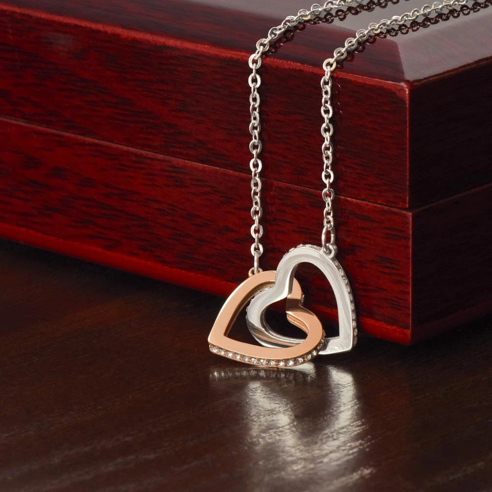 Polished Stainless Steel and Rose Gold Finish Interlocking Hearts Necklace Gift for Her Luxury Box