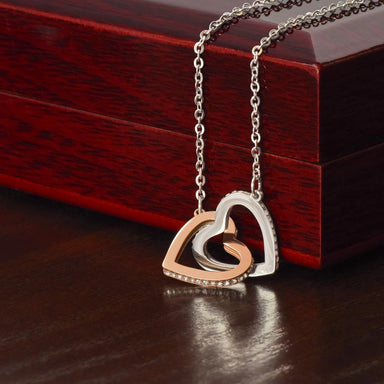 Polished Stainless Steel and Rose Gold Finish Interlocking Hearts Necklace Gift for Her Luxury Box