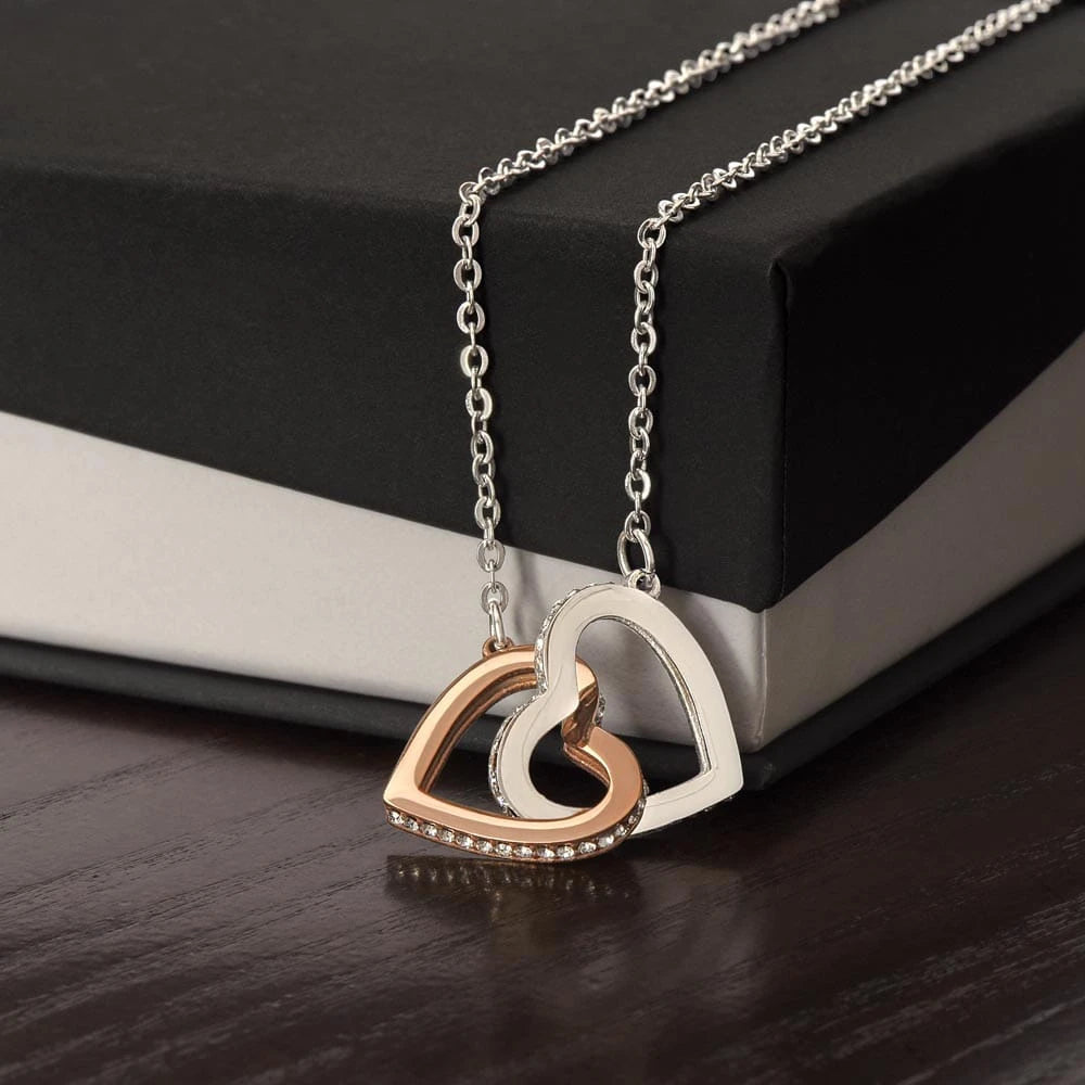 Polished Stainless Steel and Rose Gold Finish Interlocking Hearts Necklace Gift for Her Standard Box