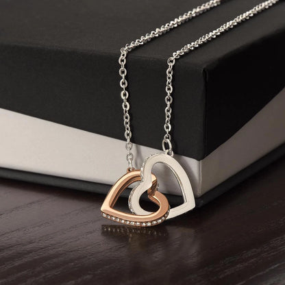 Polished Stainless Steel and Rose Gold Finish Interlocking Hearts Necklace Gift for Her Standard Box