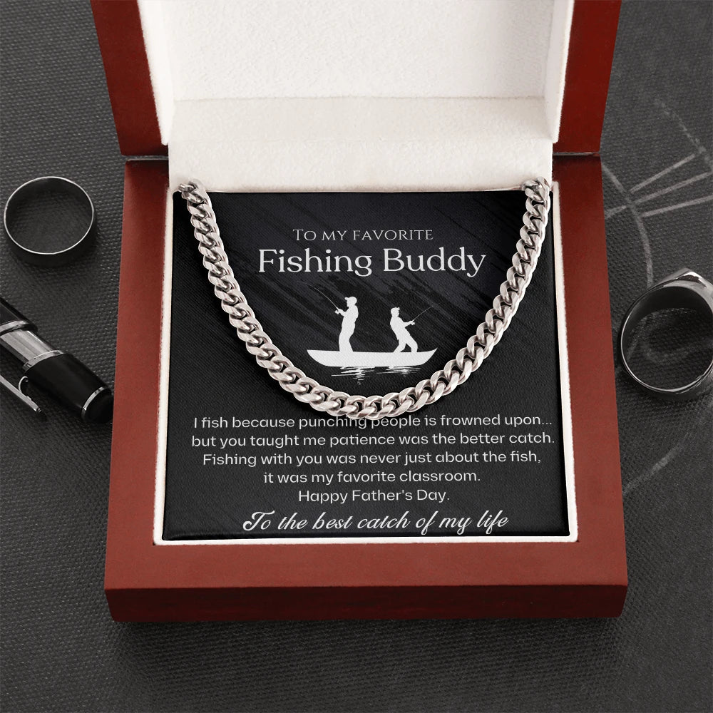 Polished stainless steel Cuban Link Chain for Fishing Dad Best Catch Message Card Jewelry Luxury Box