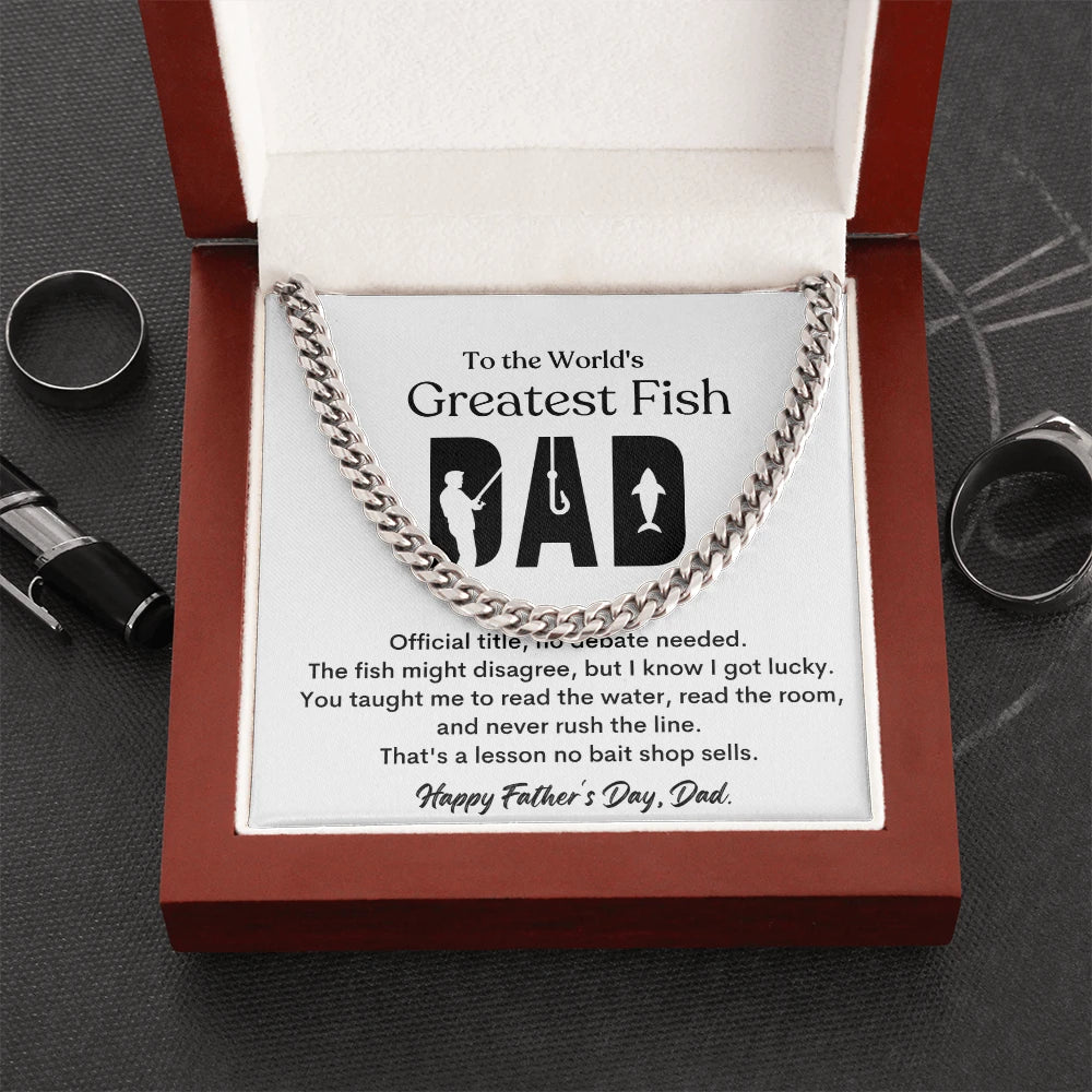 Polished stainless steel Cuban Link Chain for Worlds Greatest Fishing Dad Luxury Box