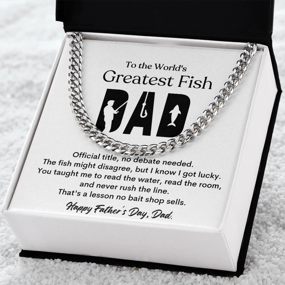 Polished stainless steel Cuban Link Chain for Worlds Greatest Fishing Dad Standard Box