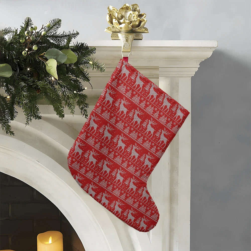 Red Reindeer Knit Pattern Giant Christmas Stocking Display On The Fireplace