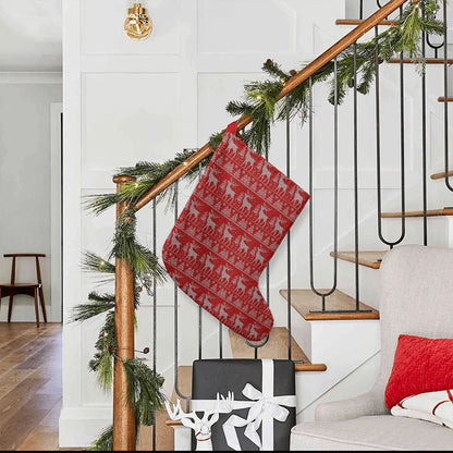 Red Reindeer Knit Pattern Giant Christmas Stocking Display On The Stairs