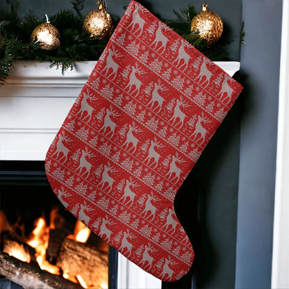 Red Reindeer Knit Pattern Giant Christmas Stocking Hung On The Fireplace