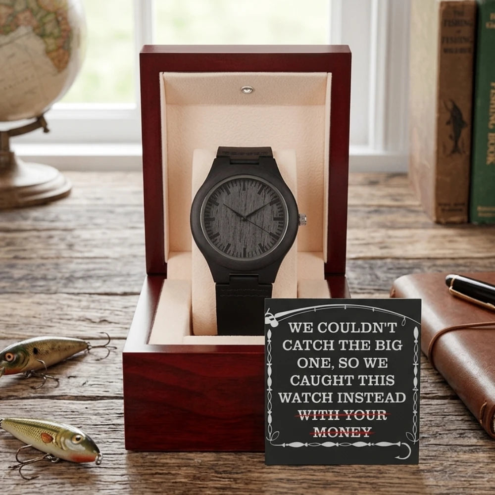 Rich Sandalwood and Paired With A Genuine Leather Strap Men's Black Sandalwood Wooden Watch For Fishing Dad Message Card