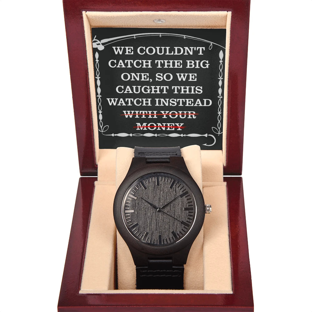 Rich Sandalwood and Paired With A Genuine Leather Strap Men's Black Sandalwood Wooden Watch For Fishing Dad Luxury Box Front View